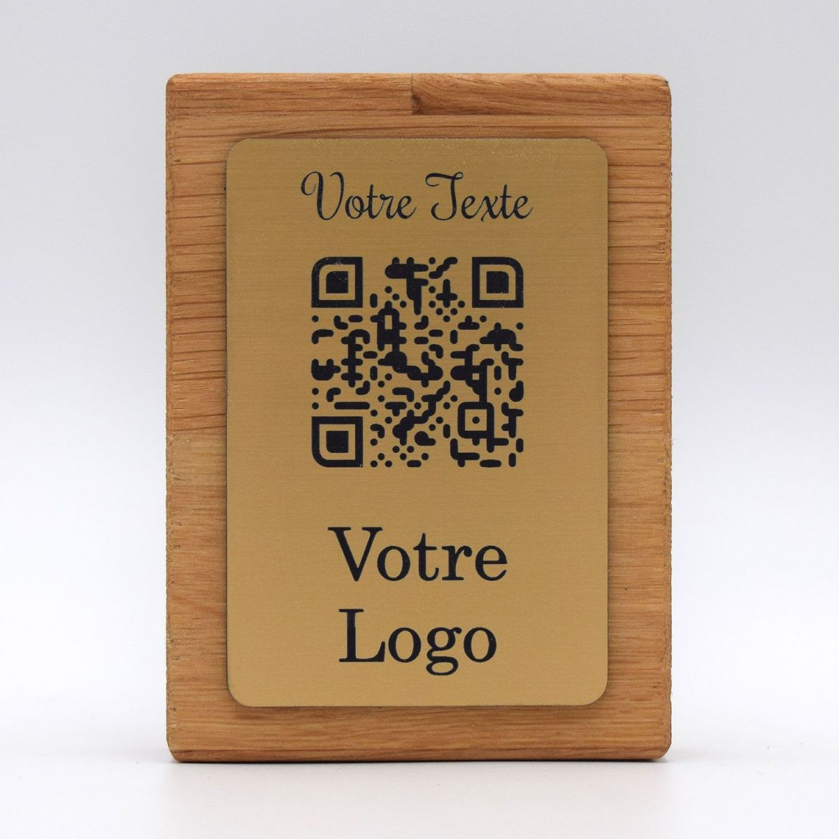 Support qr code en chêne avec plaque laiton pour restaurant